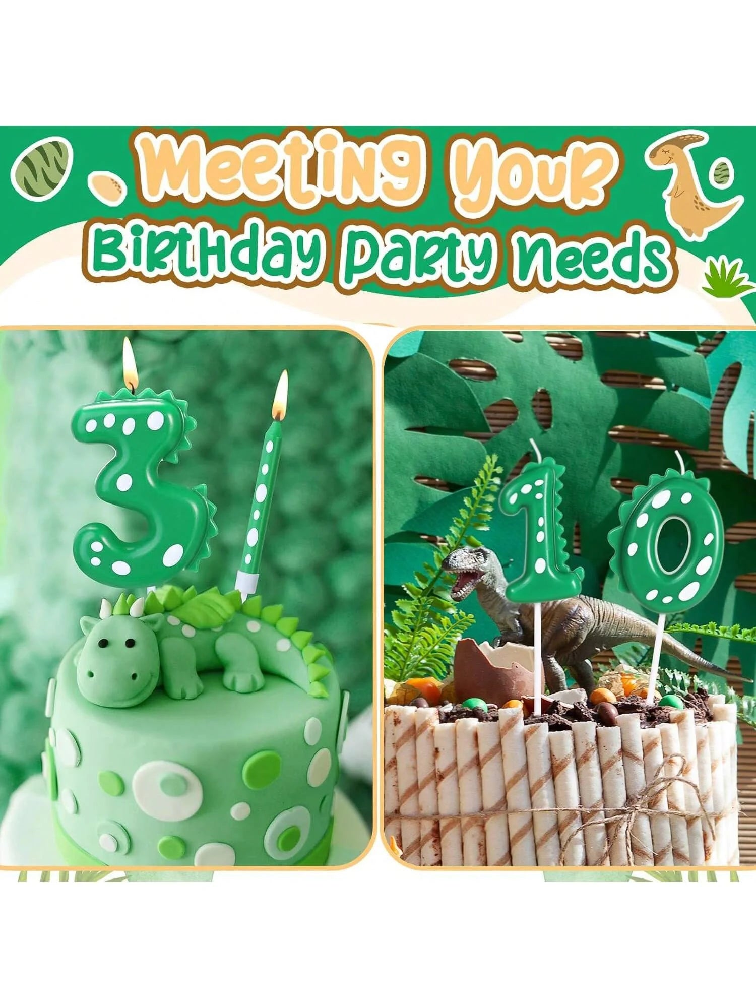 Dinosaur Birthday Candle,0-9 Green Number Candle for Dinosaur Theme Party Decoration, Number Candle for Cake Top