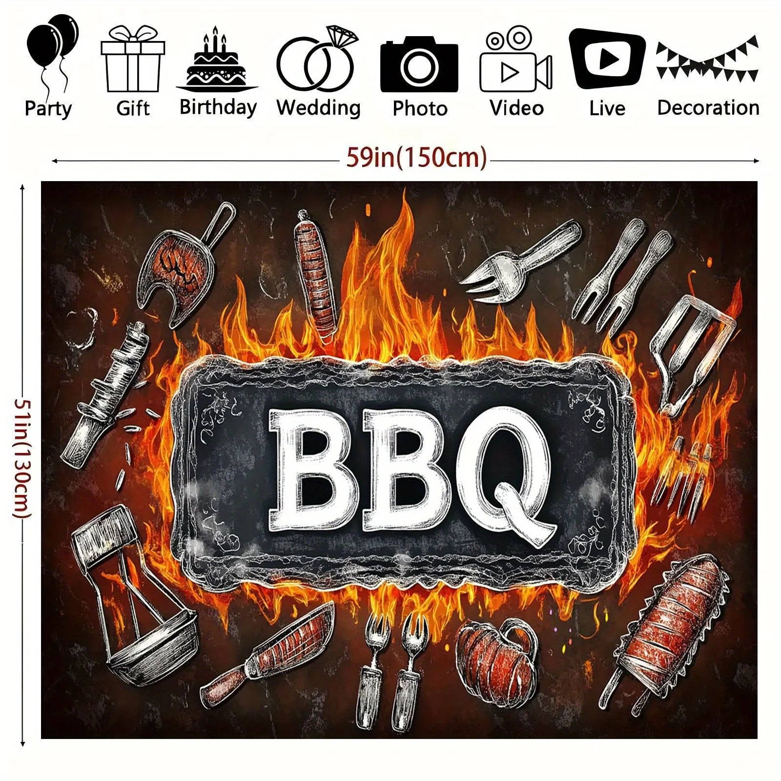 1 barbecue party banner background - polyester fabric, featuring bold barbecue letters and barbecue tool designs
