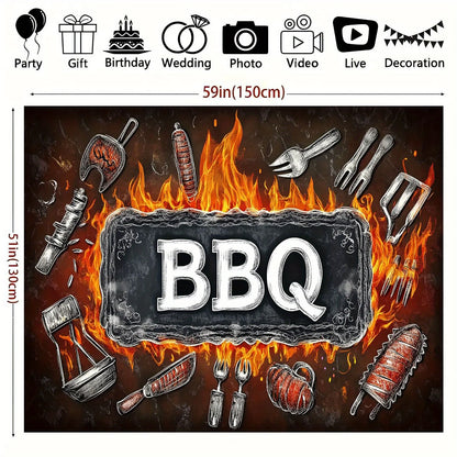 1 barbecue party banner background - polyester fabric, featuring bold barbecue letters and barbecue tool designs