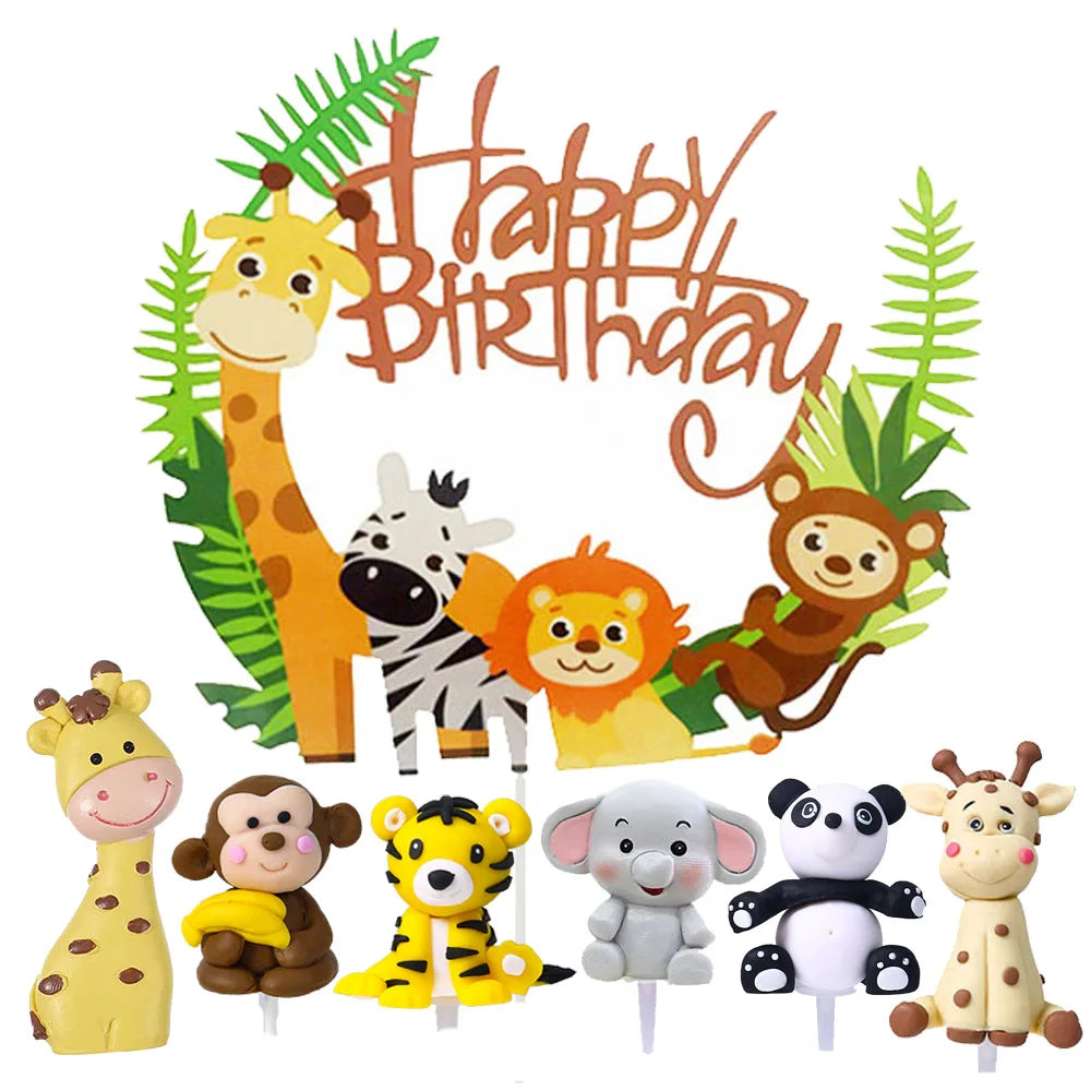 1pcs Jungle Party Cake Topper Safari Animals Figures Toys Picks Wild Jungle Animals Theme Baby Shower Happy Birthday Cake Decor