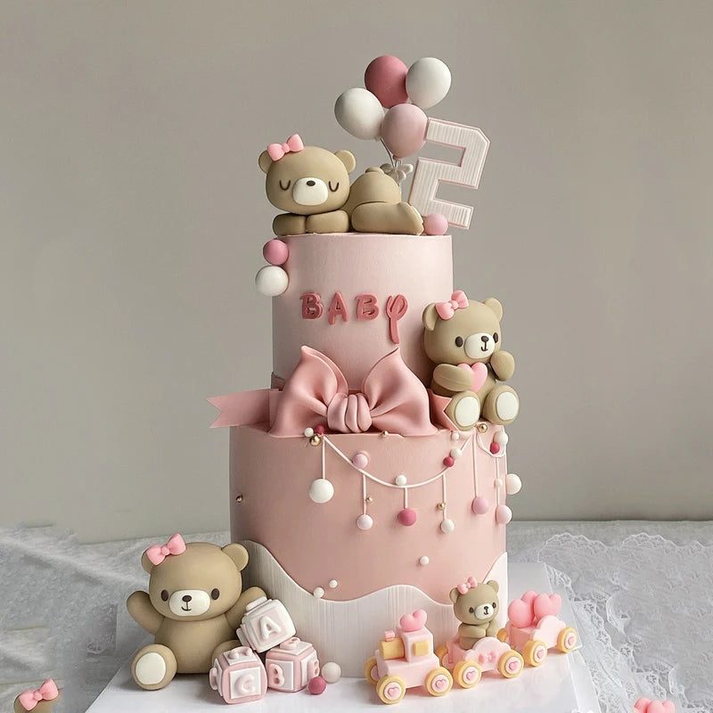 Pink Blue Bear Cake Topper Baby Shower Boy Girl Birthday Party Cake Decor Adult Birthday Gifts Wedding Cake Decorating Baking