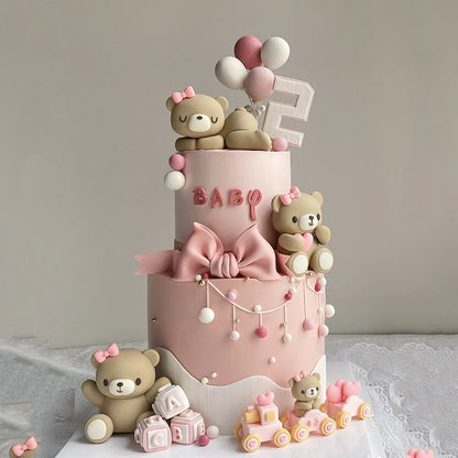 Pink Blue Bear Cake Topper Baby Shower Boy Girl Birthday Party Cake Decor Adult Birthday Gifts Wedding Cake Decorating Baking