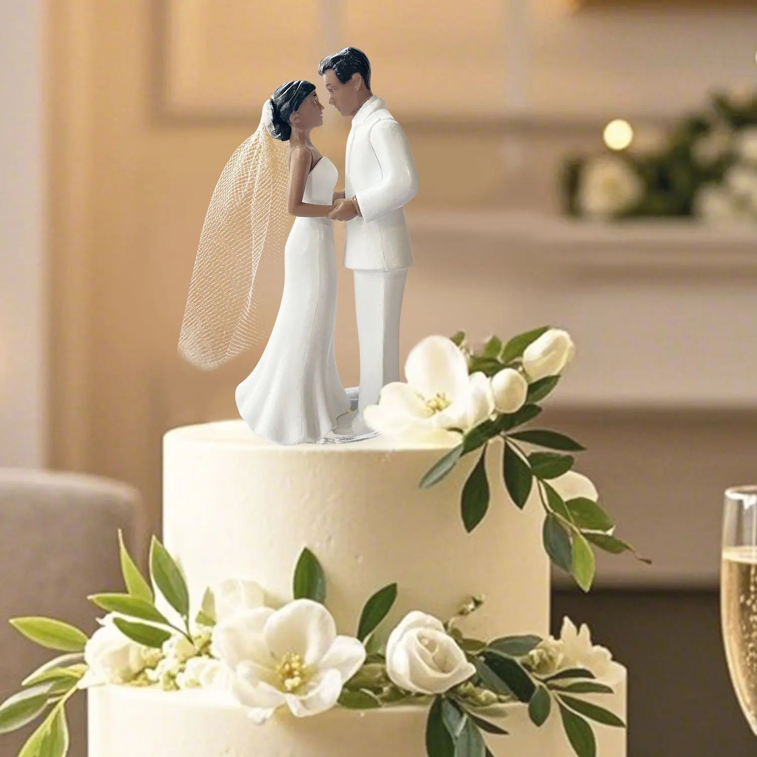 Elegant Bride &amp; Groom Wedding Cake Topper with Veil 4.3" - Anniversary, Bridal Shower, Engagement Party Decoration