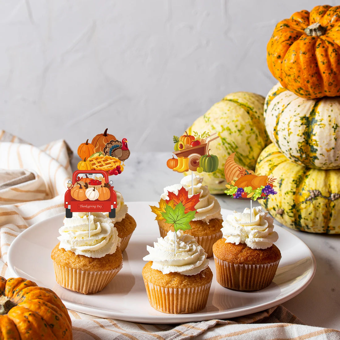 12/24pcs Thanksgiving Cupcake Topper Pumpkin Maple Cake Topper Fall Themed Turkey Food Picks Autumn Thanksgiving Cake Decoration