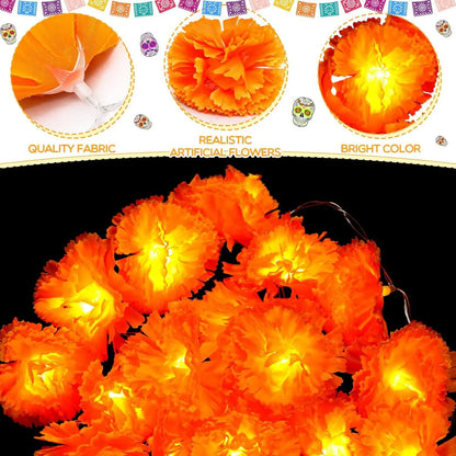 1.5/3M Mexican Marigold Artificial Flowers Day of The Dead DIY Home Outdoor Decor Halloween Diwali Party Garland String Lights