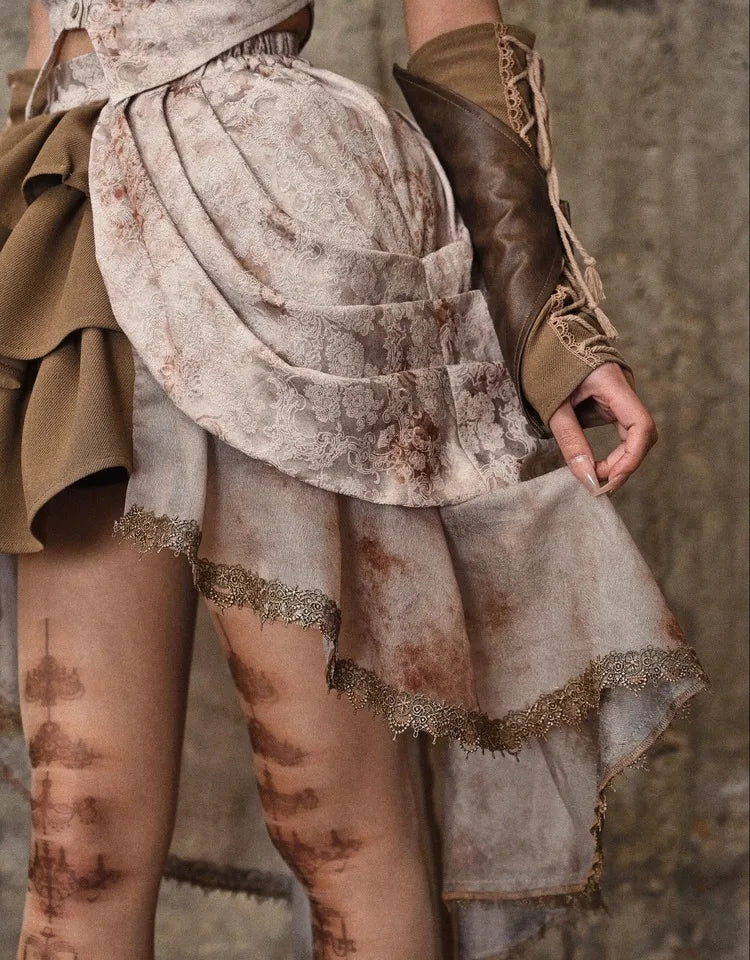 Blood Supply Original Gothic Autumn Ball Gown Dobby Asymmetric Skirt Lace Tie-dyed Multi Layers Mid Cake Skirt