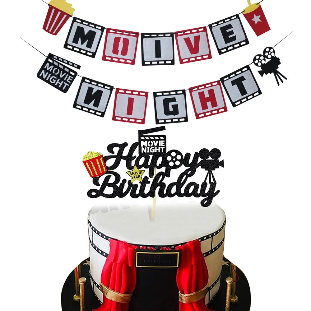 Movie Themed Party cake decor Cake topper banner Popcorn Cinema Ticket Lamplight Camera Movie Night Party Decoration cake topper