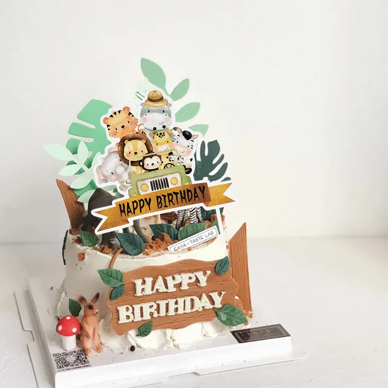 Jungle Safari Birthday Cake Topper Zoo Monkey Lion Jungle Party Cake Toppers Animal Birthday Theme Cupcake Wrappers Cake Flag