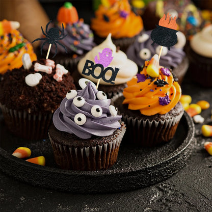 Halloween Cupcake Toppers Glitter Ghost Pumpkin Cat Boo Witch cake Picks for Happy Halloween Theme birthday party Baking Decor