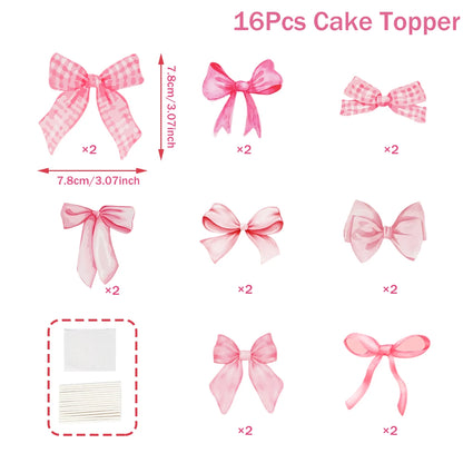 16pcs Pink Bow Shaped Cake Topper Happy Birthday Party Decoration Kids Girl Wedding Baby Shower Party Supplies Cupcake Decor