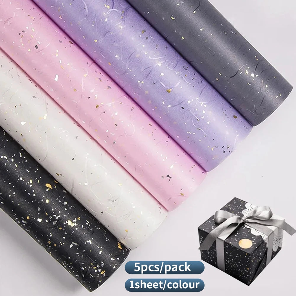 Korean Floral Wrapping Paper Set – 5 Sheets in 6 Colors with Gold/Silver Sparkle Accents