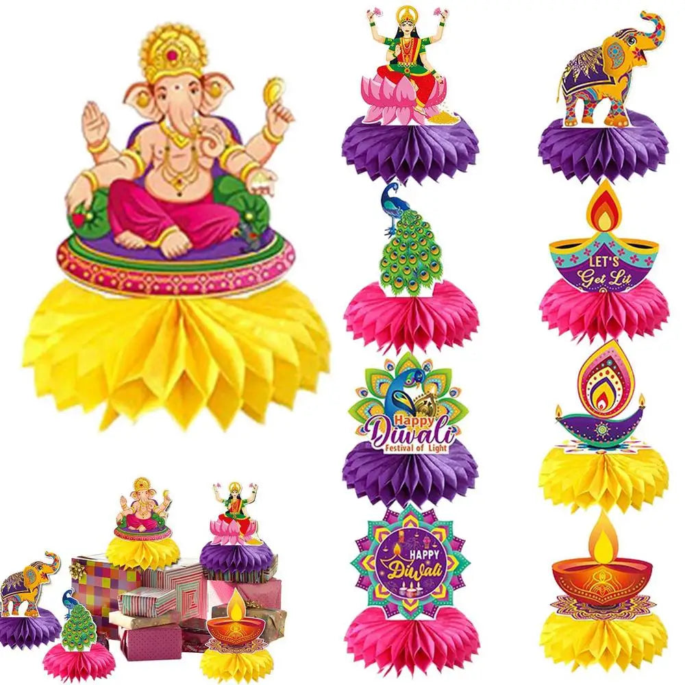 Cutout Decorations for Diwali 9X 3D Paper Crafts Table Topper Double Sided Festive Desktop Ornaments Lights Event Honeycombs for