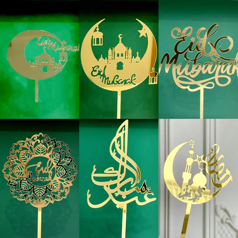 2024 New Eid Mubarak Cake Topper Acrylic Gold Cupcake Topper for Hajj Mubarak Cake Decorations Muslim Eid Baking Cake Supplies