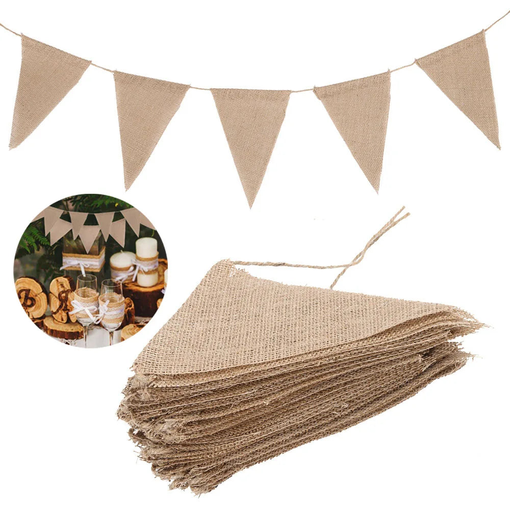 10M Burlap Flags Banner Triangle Bunting Flags Pennant Banner Brown Flags String Party Hanging Decor Supplies for Celebration