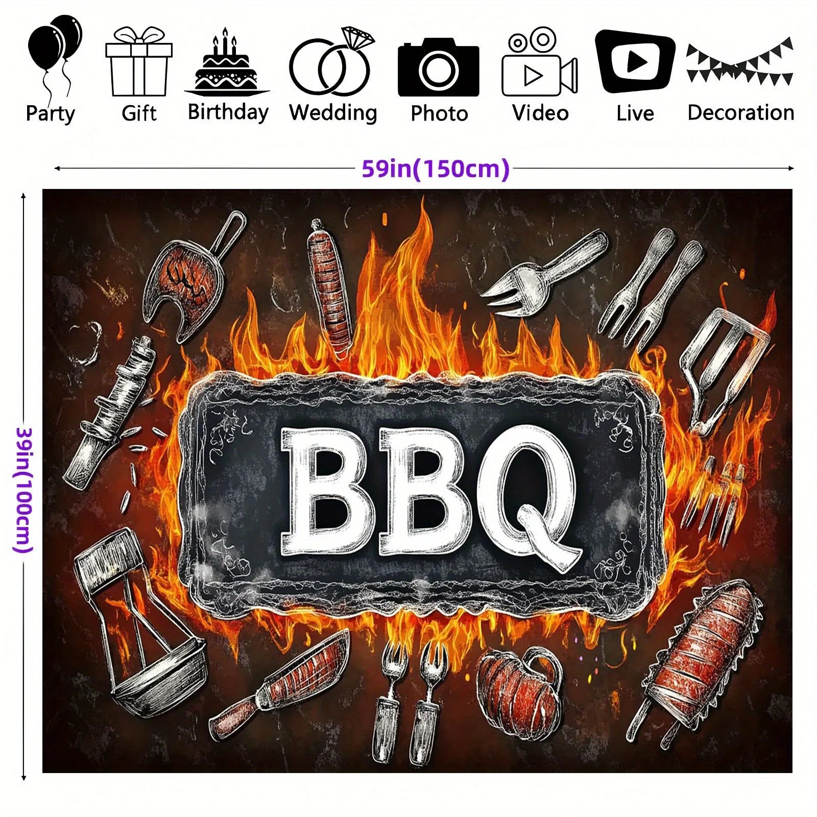 1 barbecue party banner background - polyester fabric, featuring bold barbecue letters and barbecue tool designs