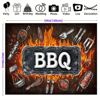 1 barbecue party banner background - polyester fabric, featuring bold barbecue letters and barbecue tool designs