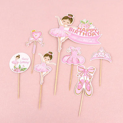 Pink Ballerina Girl Cake Topper Toppers Crown Dress Kids Happy Birthday Wedding Party Baby Shower Baking Cake Dessert DIY Decor