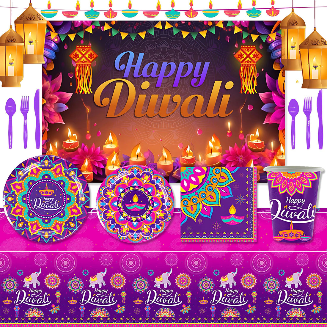 Diwali Festival Theme Festivities Party Disposable Tableware Plates Balloon Background Candle Decoration Supplies Photo Props