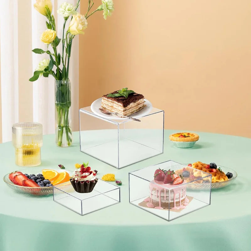 Acrylic Buffet Risers Set of 3 Food Display Cubes For Party Cube Nesting Risers Clear Hollow Box Wedding Cake Decorating Supply
