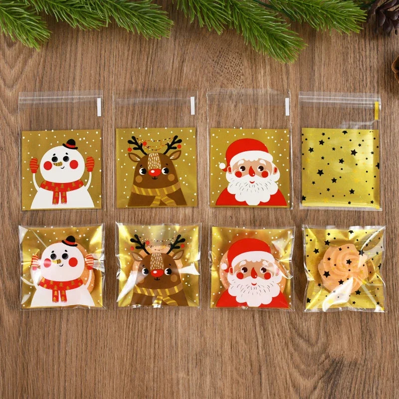 Christmas Candy Bag, Santa Claus/snowman/deer, Plastic Self-adhesive Self Sealing Bag, Suitable for Food Baking Products,100pcs