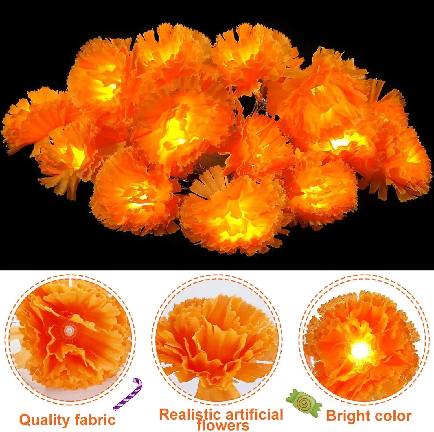 1.5/3M Mexican Marigold Artificial Flowers Day of The Dead DIY Home Outdoor Decor Halloween Diwali Party Garland String Lights