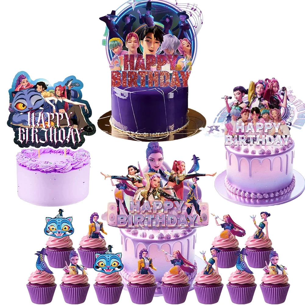 Demon Hunters Paper Cupcakes Topper Decor Birthday Cake Topper Set K-pop Anime Movie Demon Hunters Girls Party Cake Decoration