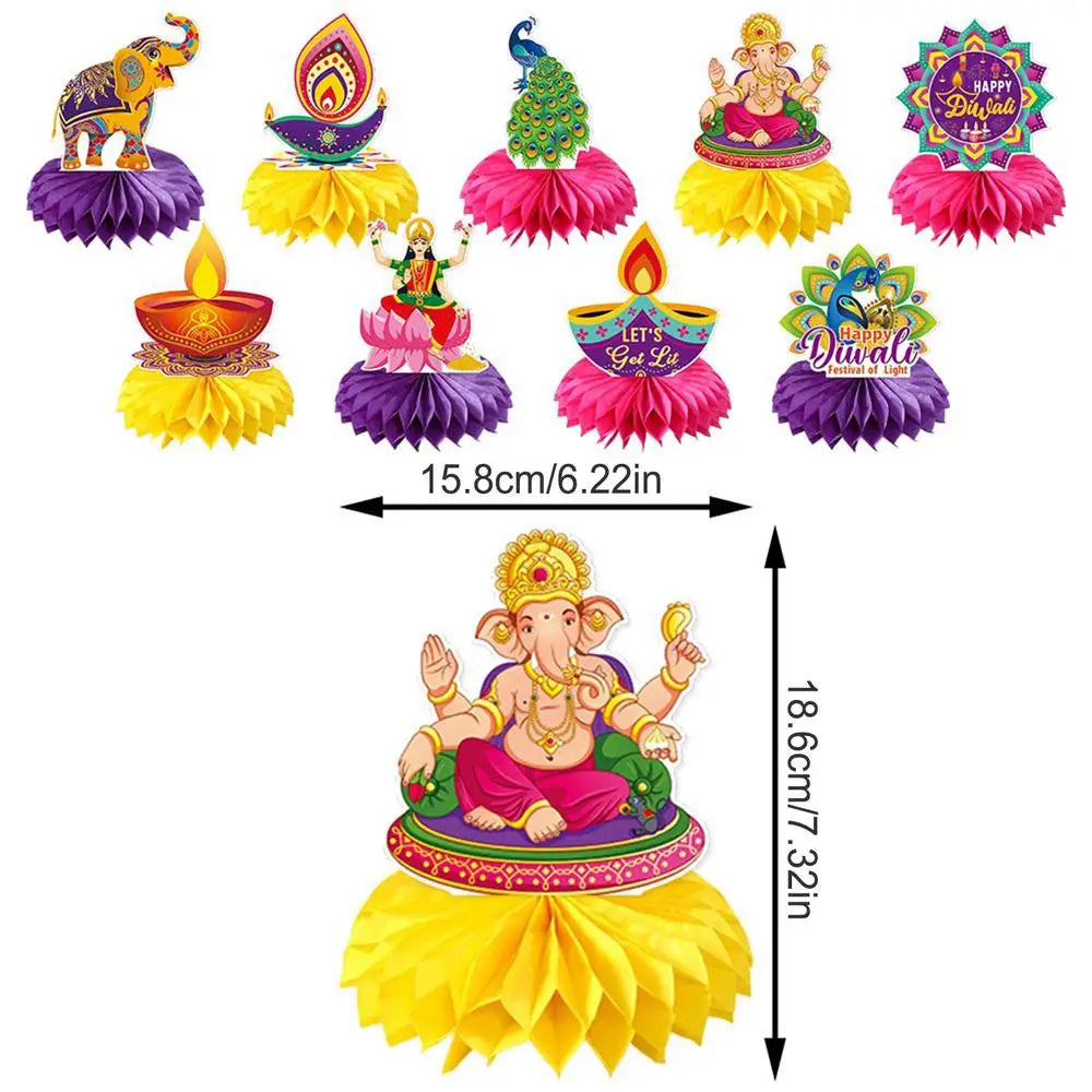 Cutout Decorations for Diwali 9X 3D Paper Crafts Table Topper Double Sided Festive Desktop Ornaments Lights Event Honeycombs for