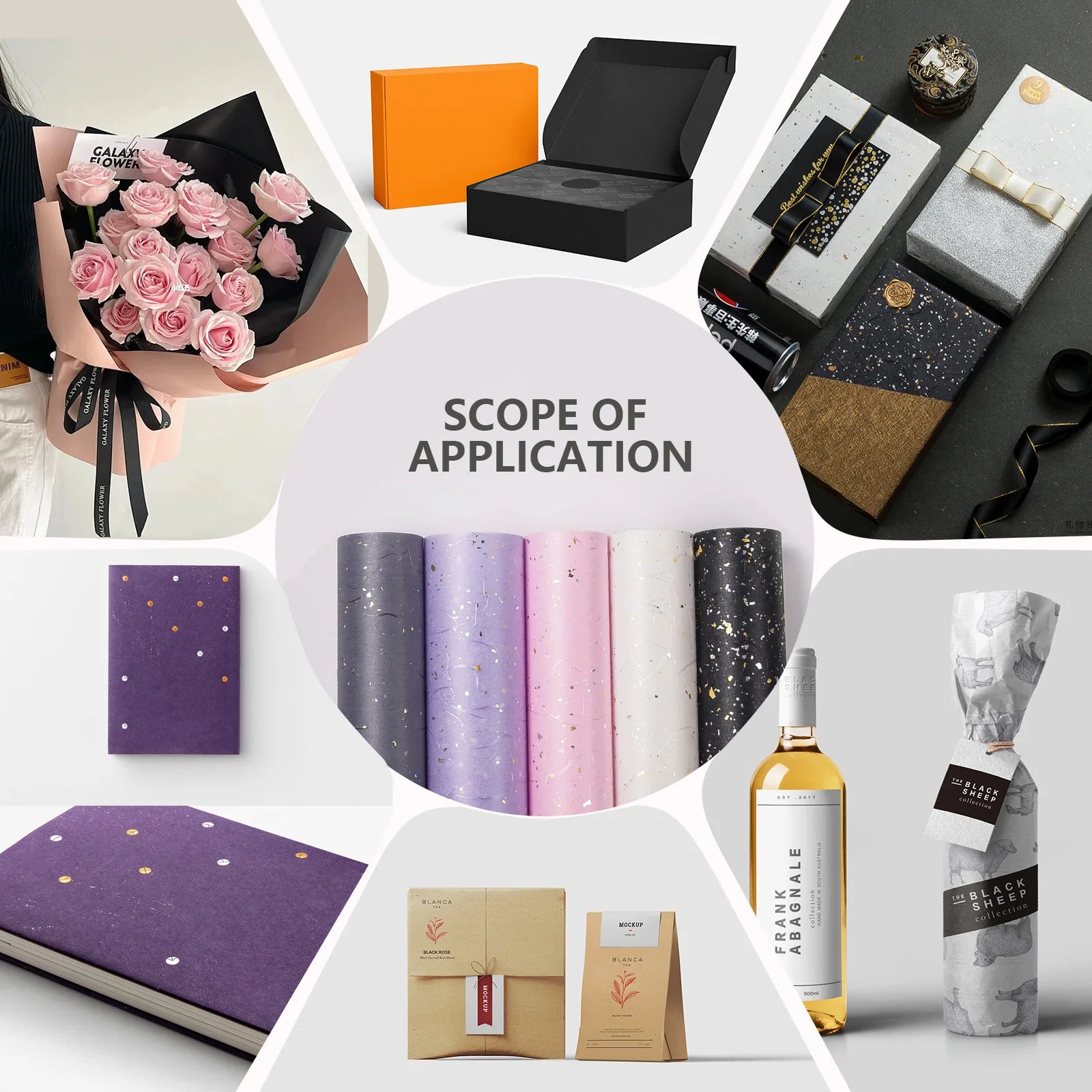 Korean Floral Wrapping Paper Set – 5 Sheets in 6 Colors with Gold/Silver Sparkle Accents