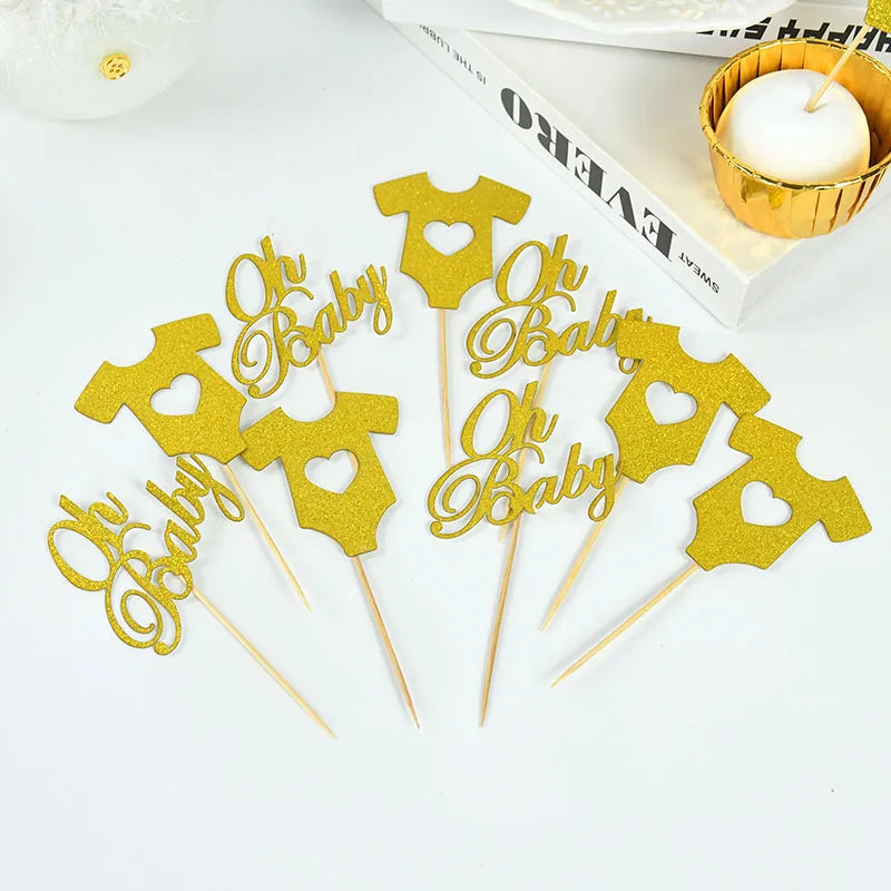 18pcs Glitter Paper Cupcake Toppers Oh Baby Cake Topper 1st Birthday Cake Decor oh Baby Girl Boy Baby Shower Party Cake Supplies