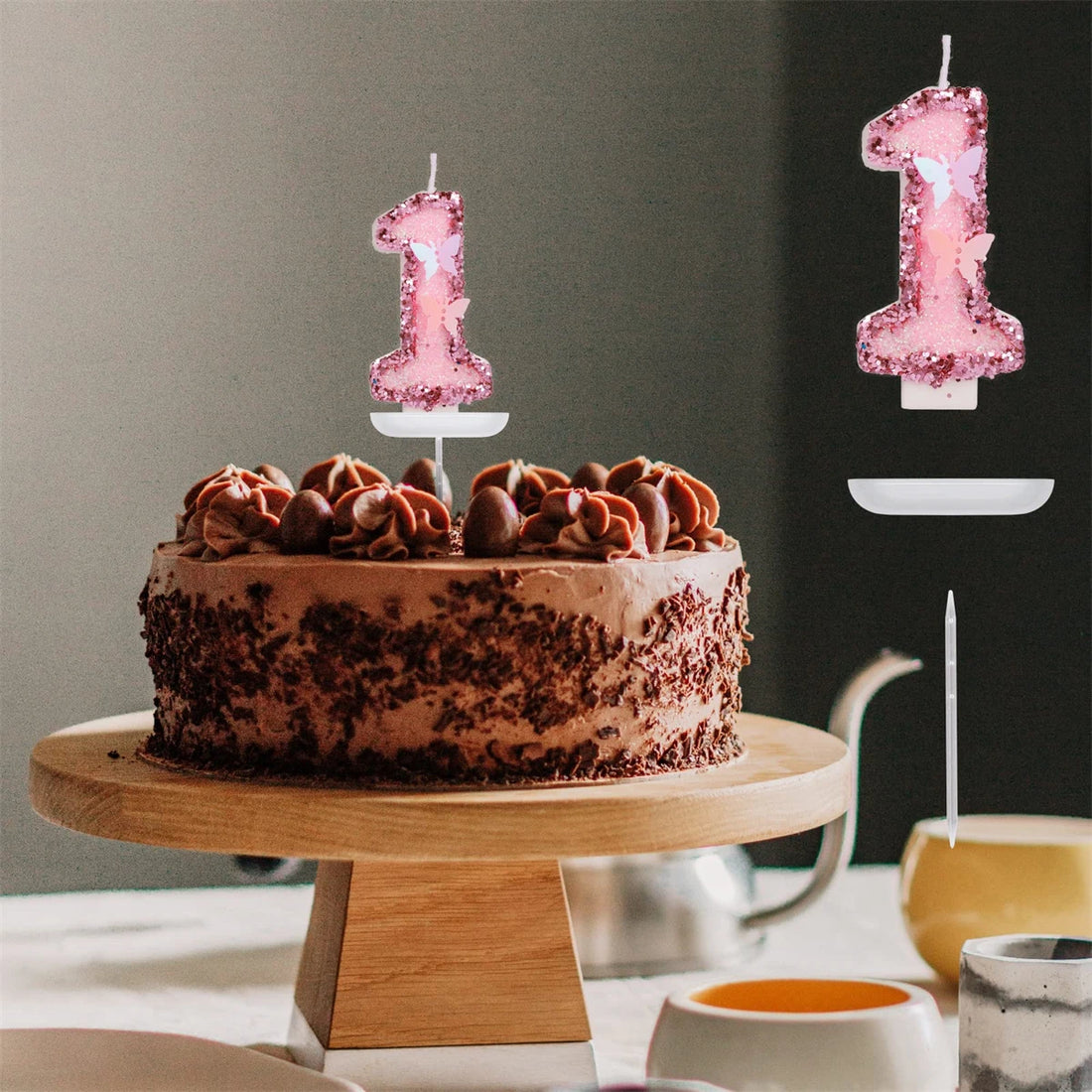 2.9inch Glitter Pink Butterfly Decorated Birthday Number Candle, Cake Decoration Sequin Butterfly Happy Birthday Gift Candles