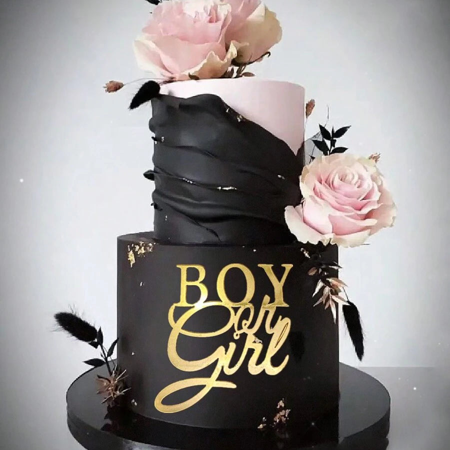 5pcs Unique Boy or Girl Side Cake Topper for Baby Shower with Gold Acrylic Decoration Baking Decorating Tools Party Supplies