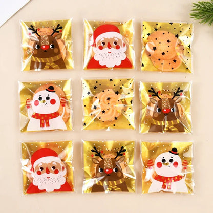 Christmas Candy Bag, Santa Claus/snowman/deer, Plastic Self-adhesive Self Sealing Bag, Suitable for Food Baking Products,100pcs