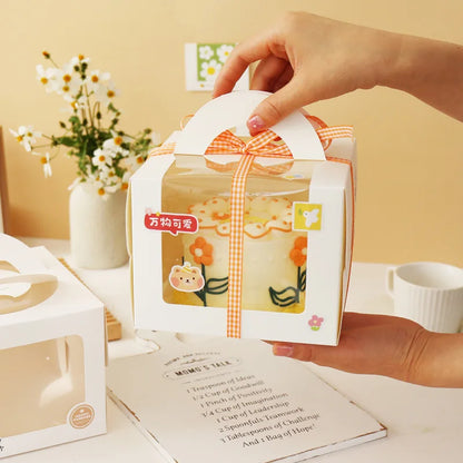 100Pcs/Lot 4 Inch Cartoon Window White Cake Box With Handle Kraft Paper Cheese Cake Box Kids Birthday Wedding Home Party Supply