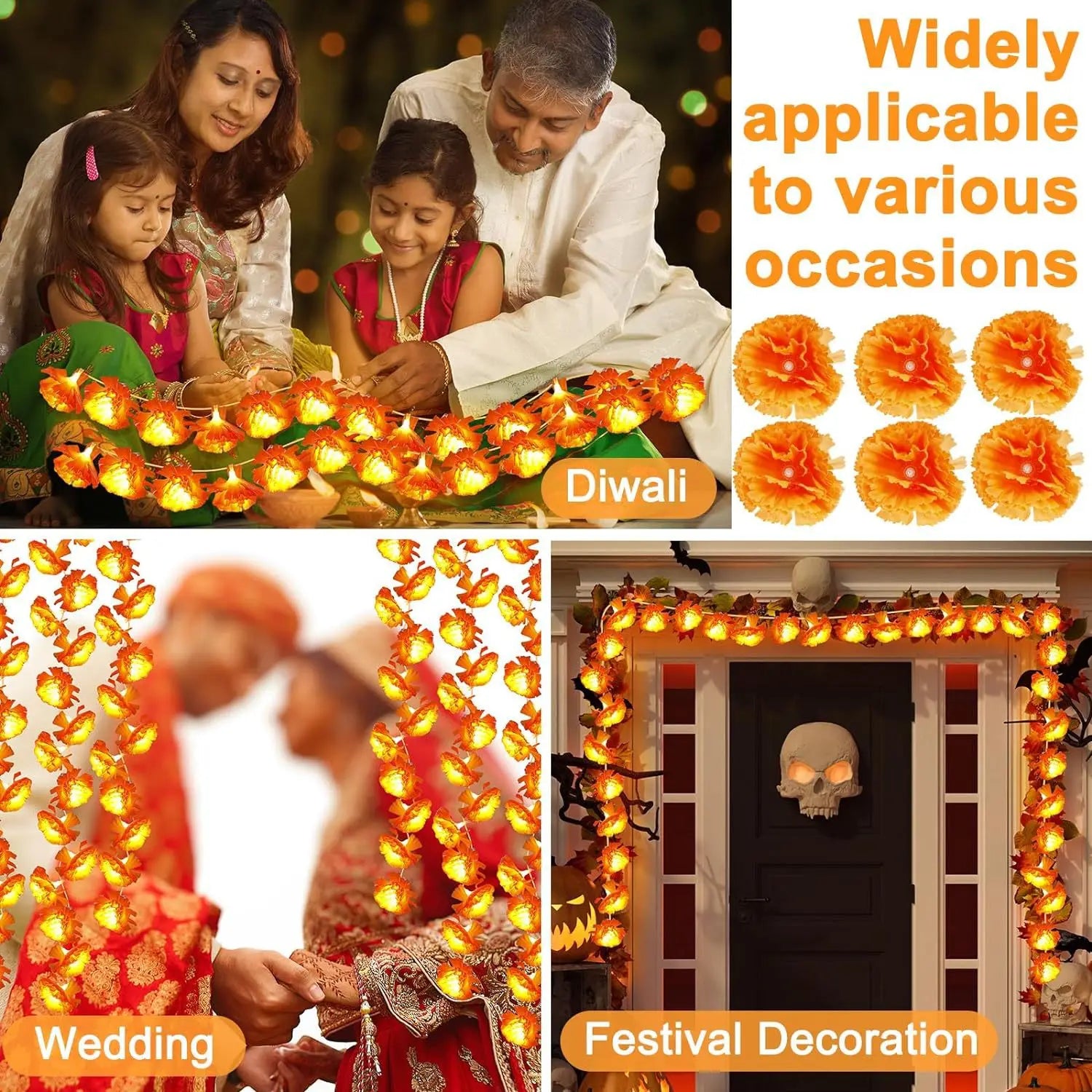 1.5/3M Mexican Marigold Artificial Flowers Day of The Dead DIY Home Outdoor Decor Halloween Diwali Party Garland String Lights