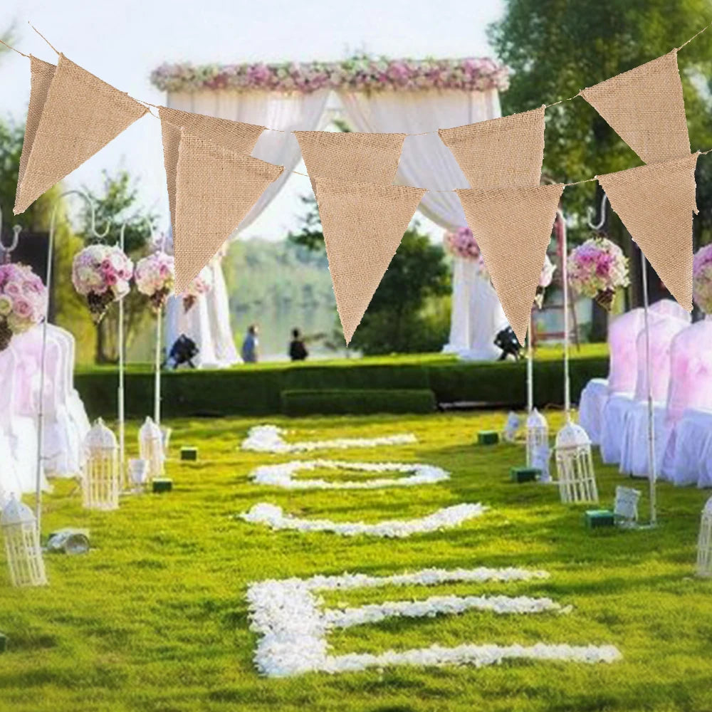 10M Burlap Flags Banner Triangle Bunting Flags Pennant Banner Brown Flags String Party Hanging Decor Supplies for Celebration