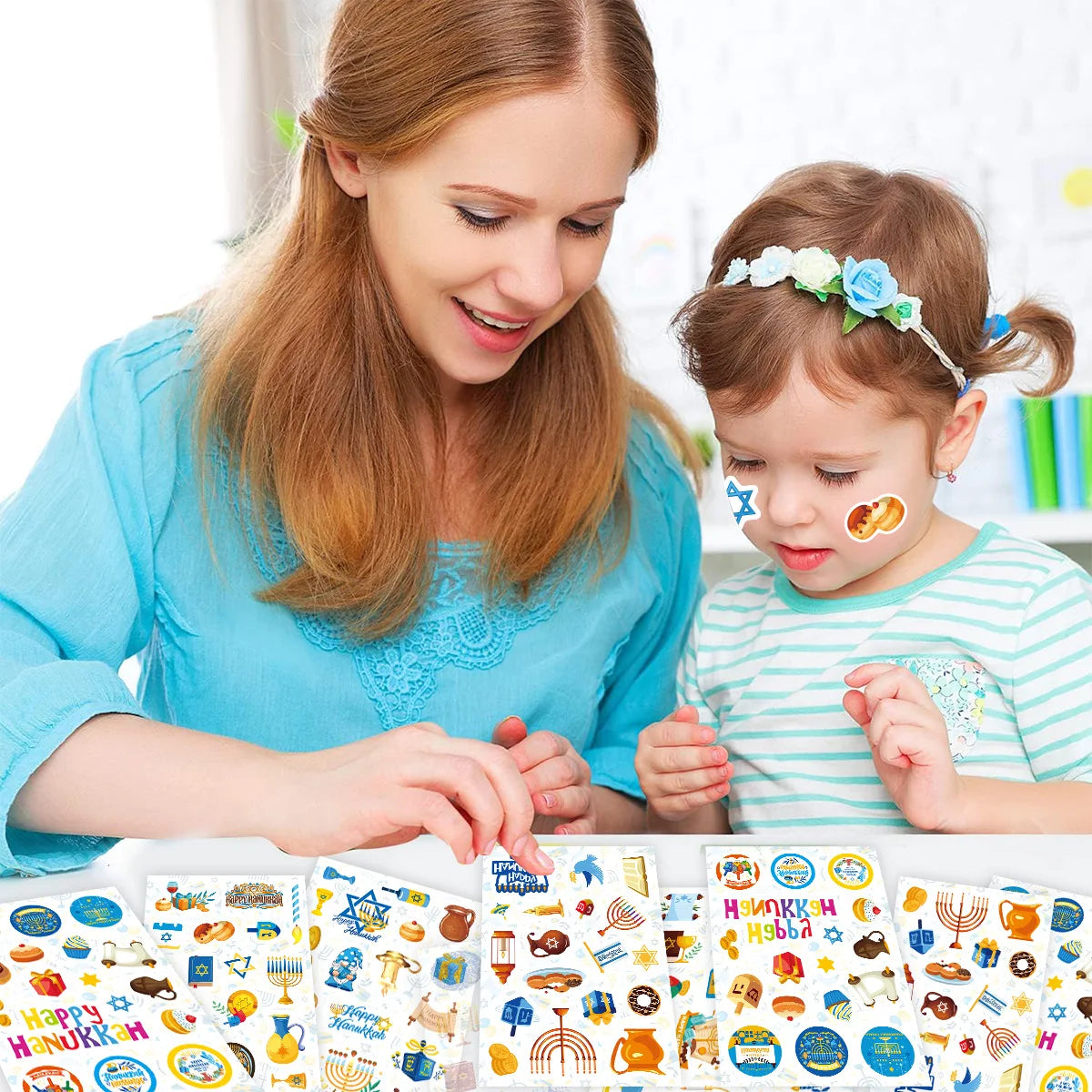 6 Sheets Cartoon Hanukkah Theme Candle Sealing Sticker Chanukah Round Gift Box Label for Jewish Happy Hanukkah Party Decoration