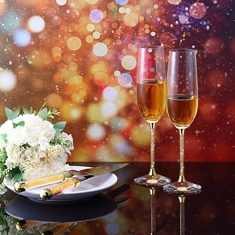 4 Pcs Including 2 Champagne Glasses 1 Knife and 1 Shovel in box Wedding Toasting Flutes Cake Server Set Glittering Bead Supplies