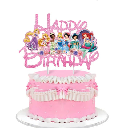 Disney Princess Cake Toppers Pink Glitter Princess Cake Decor For Baby Shower Kids Girls Birthday Party Cake Flag Decorations