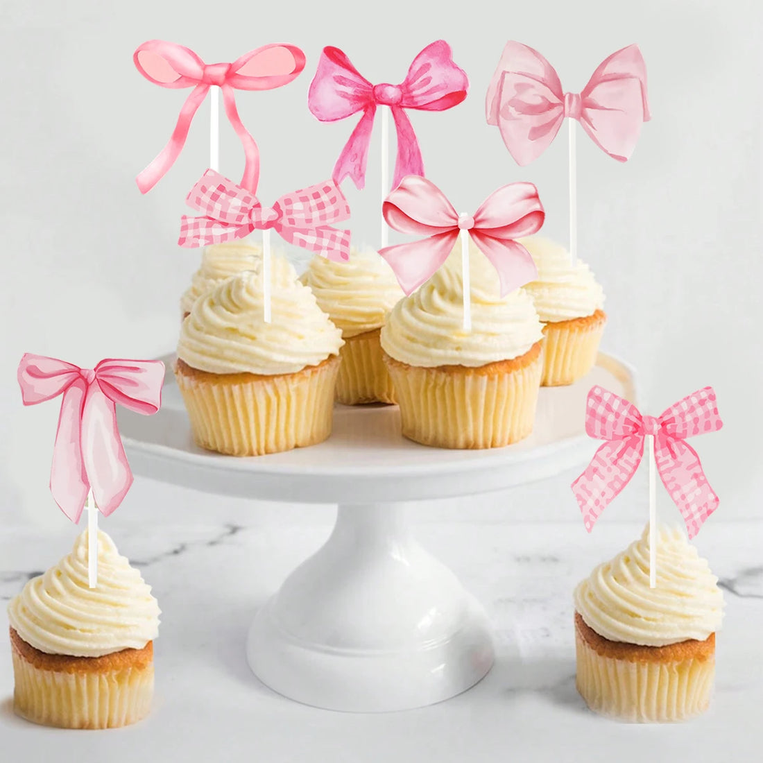 16pcs Pink Bow Shaped Cake Topper Happy Birthday Party Decoration Kids Girl Wedding Baby Shower Party Supplies Cupcake Decor