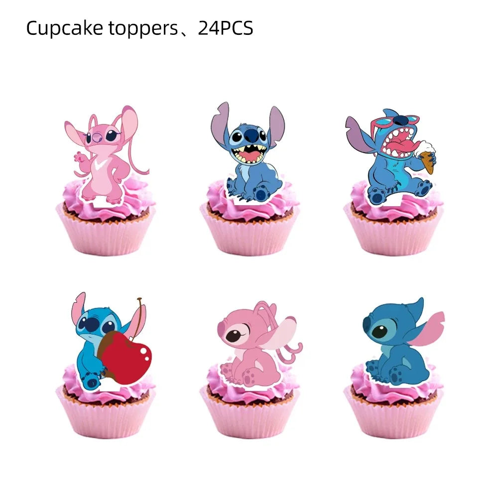 Lilo &amp; Stitch Blue Glitter Cake Toppers Kids Favor Pink Angel Party Cake Topper Cupcake Topper for Kid Birthday Decor Baby Showe