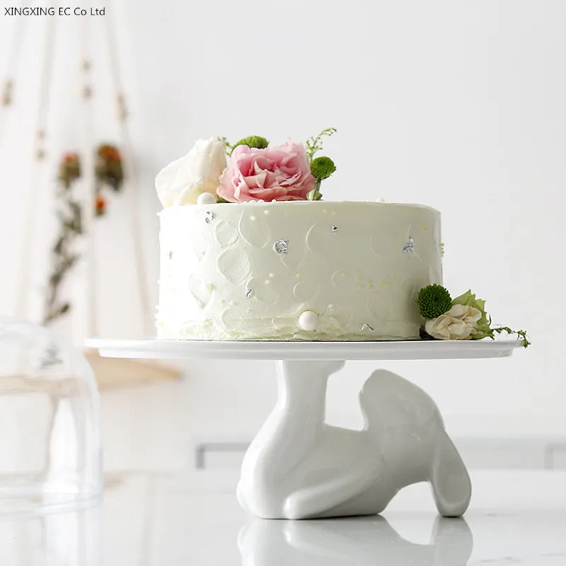 Nordic Cute Rabbit Cake Dish Ceramic Fruit Platter Dessert Dish Glass Cover Simple Household Birthday Party Wedding Supplies