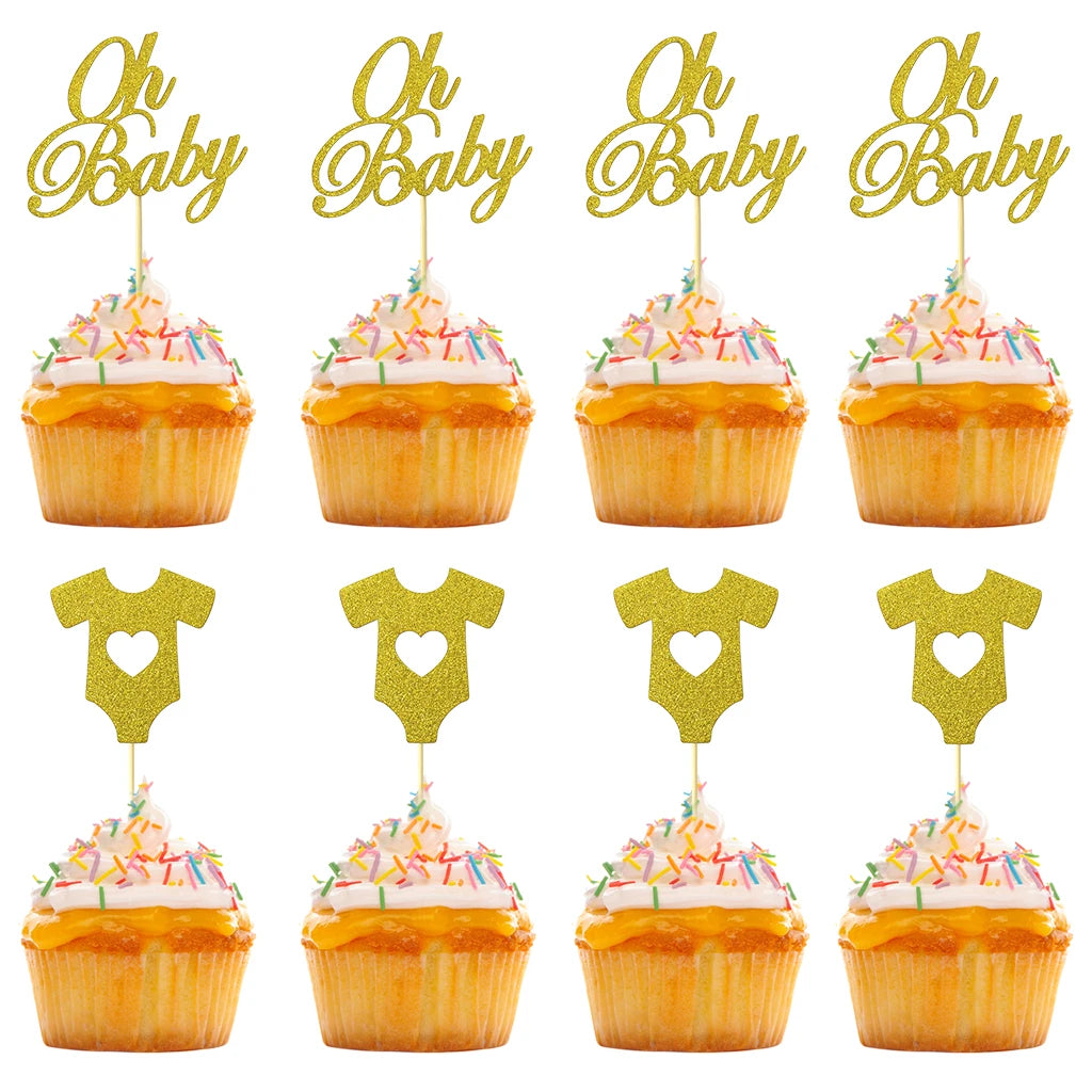 18pcs Glitter Paper Cupcake Toppers Oh Baby Cake Topper 1st Birthday Cake Decor oh Baby Girl Boy Baby Shower Party Cake Supplies