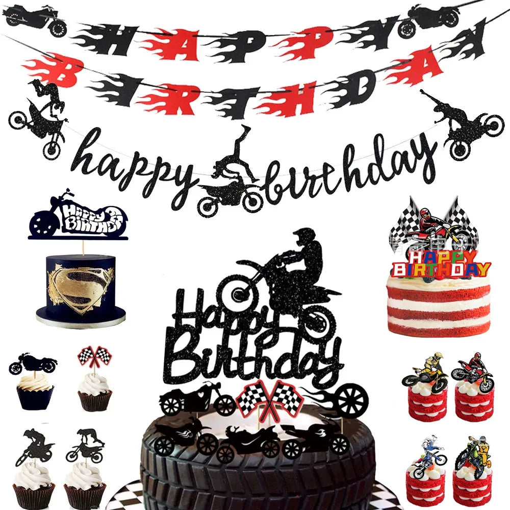 Motocross Birthday Party Decoration Cake Cupcake Toppers Motorcycle Banner Cake Decor for Man&