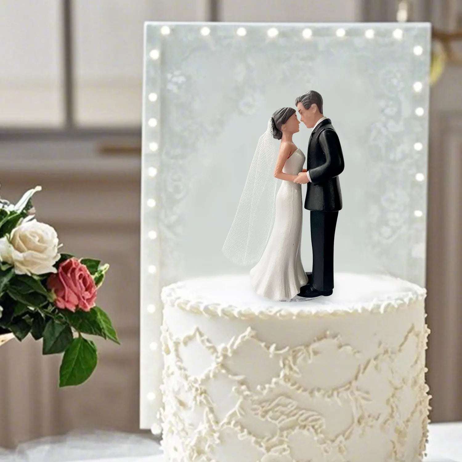 Elegant Bride &amp; Groom Wedding Cake Topper with Veil 4.3" - Anniversary, Bridal Shower, Engagement Party Decoration
