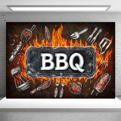 1 barbecue party banner background - polyester fabric, featuring bold barbecue letters and barbecue tool designs
