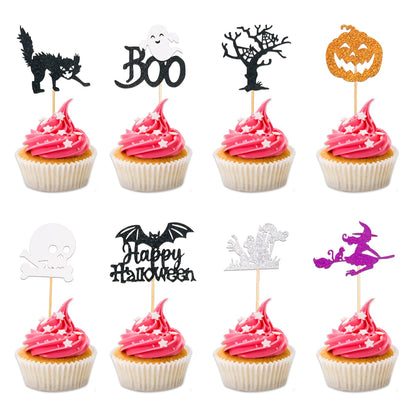 Halloween Cupcake Toppers Glitter Ghost Pumpkin Cat Boo Witch cake Picks for Happy Halloween Theme birthday party Baking Decor