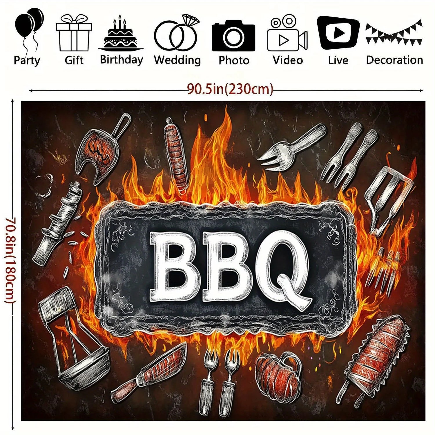1 barbecue party banner background - polyester fabric, featuring bold barbecue letters and barbecue tool designs