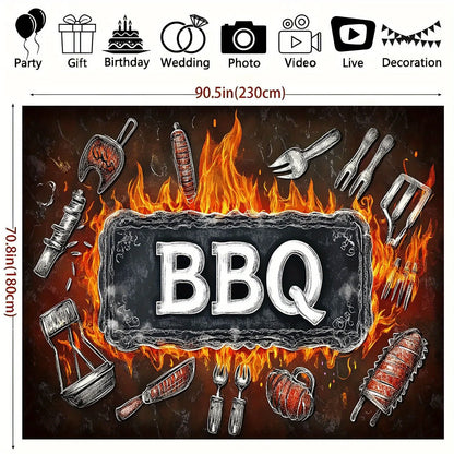 1 barbecue party banner background - polyester fabric, featuring bold barbecue letters and barbecue tool designs