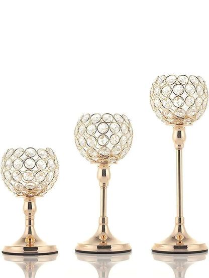 Gold Crystal Candle Holder – 1pc Tealight Candlestick Centerpiece in 3 Sizes