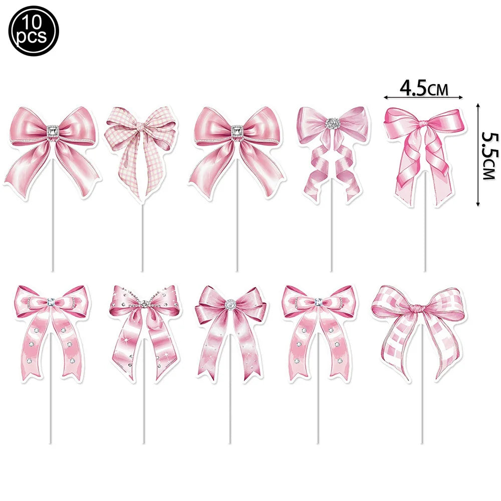 Pink Bow Cupcake Topper Pink Ballet Ribbon Bow Cake Decor Bow Themed Birthday Wedding Baby Shower Cake Topper Decor Supplies